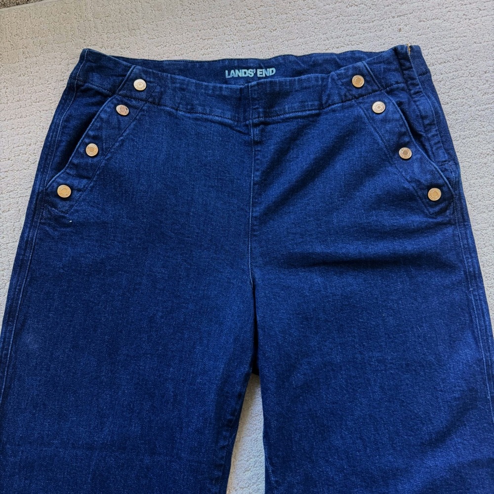 Lands End Indigo Blue Sailor Wide Leg Jeans Gold Button Side Zip Sz 20W Nautical